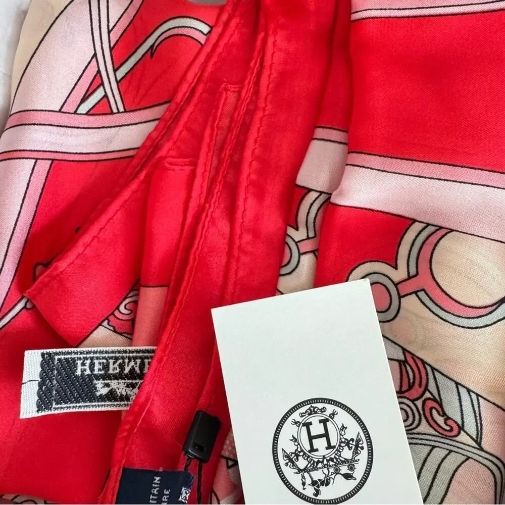 NEW HERMES Box Pink White Red Silky Print Washington's Carriage Scarf 140
